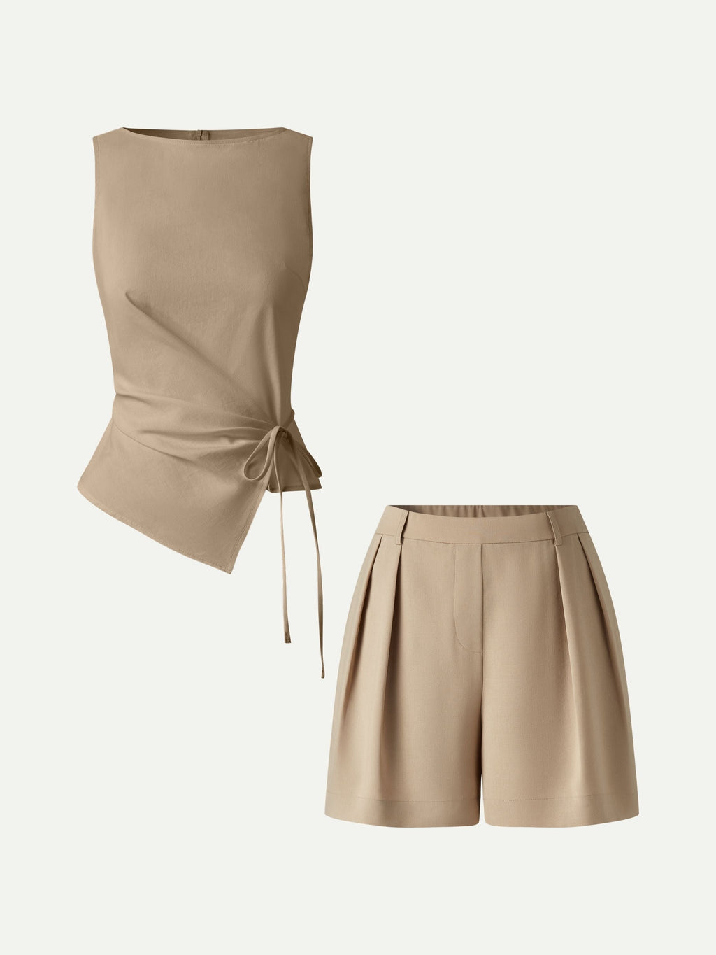 2Pcs Set Boatneck Waist-Defined Top & Tailored Shorts with Pockets