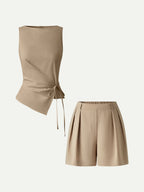 2Pcs Set Boatneck Waist-Defined Top & Tailored Shorts with Pockets
