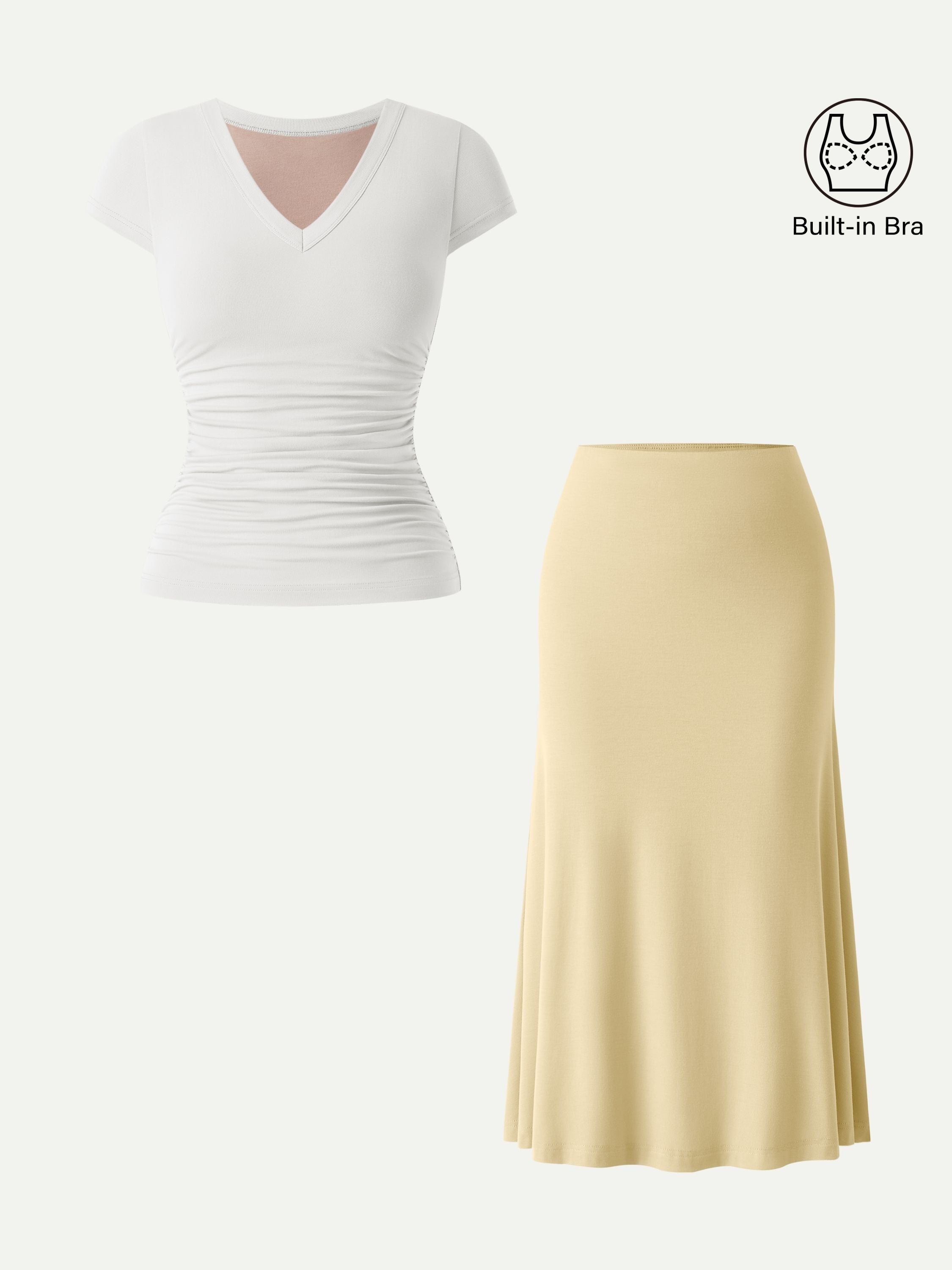 2Pcs Set V-neck Cap Sleeve Bra Tee & Pull-on Mermaid Midi Skirt
