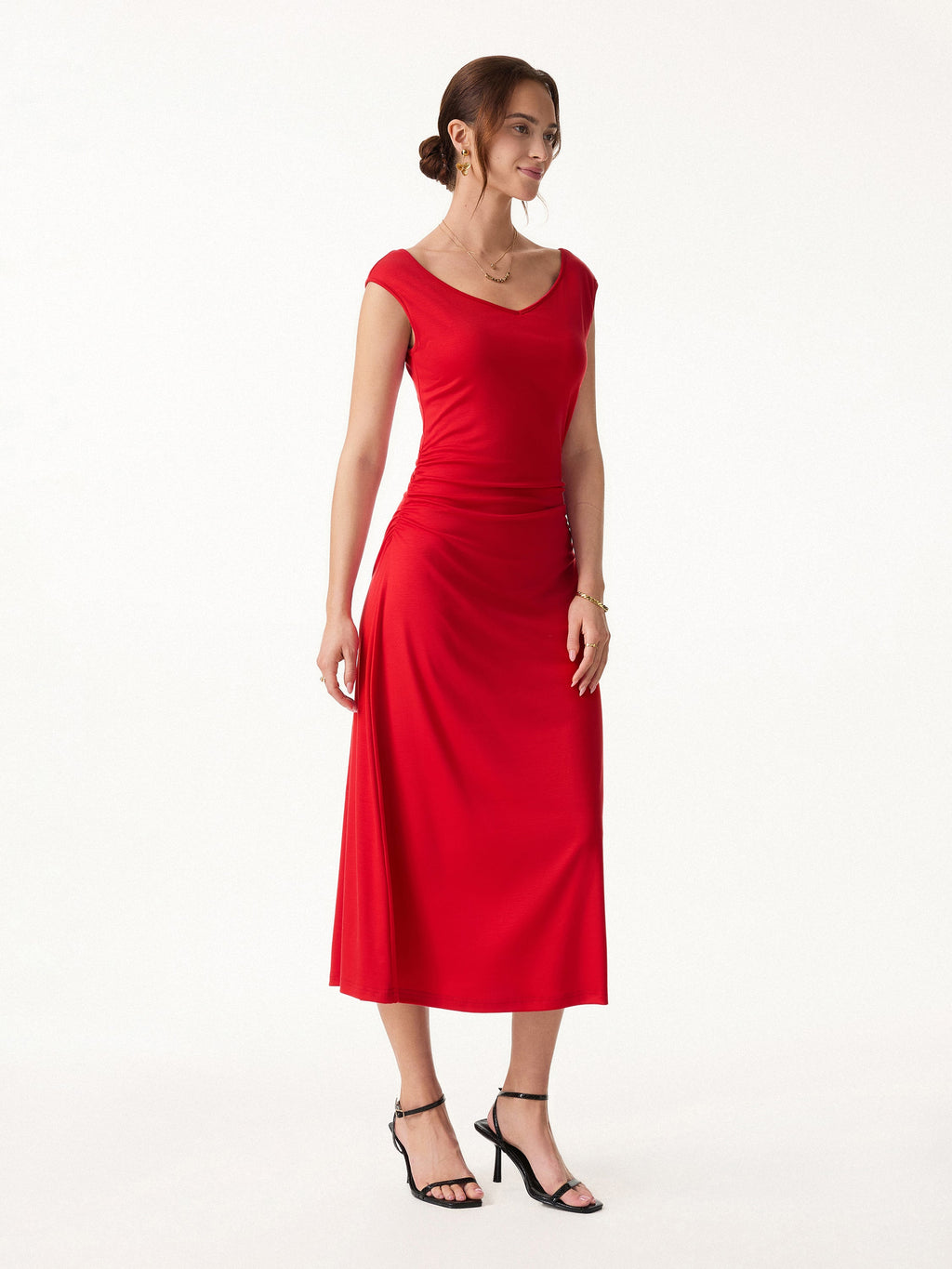 Cooling Lyocell V-Neck Ruched Midi Bra Dress