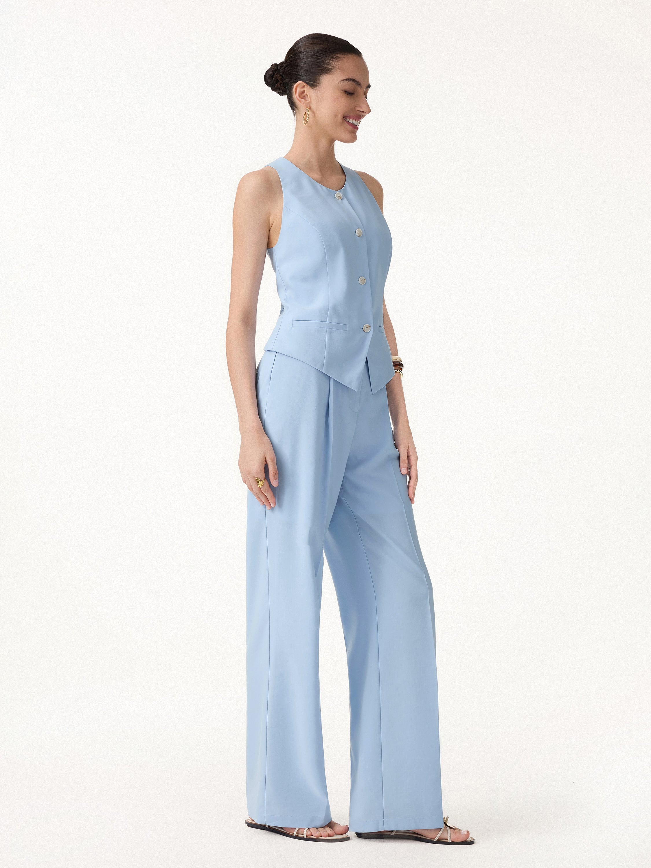 2Pcs Set Waistcoat with Pockets & Wide Leg Pant