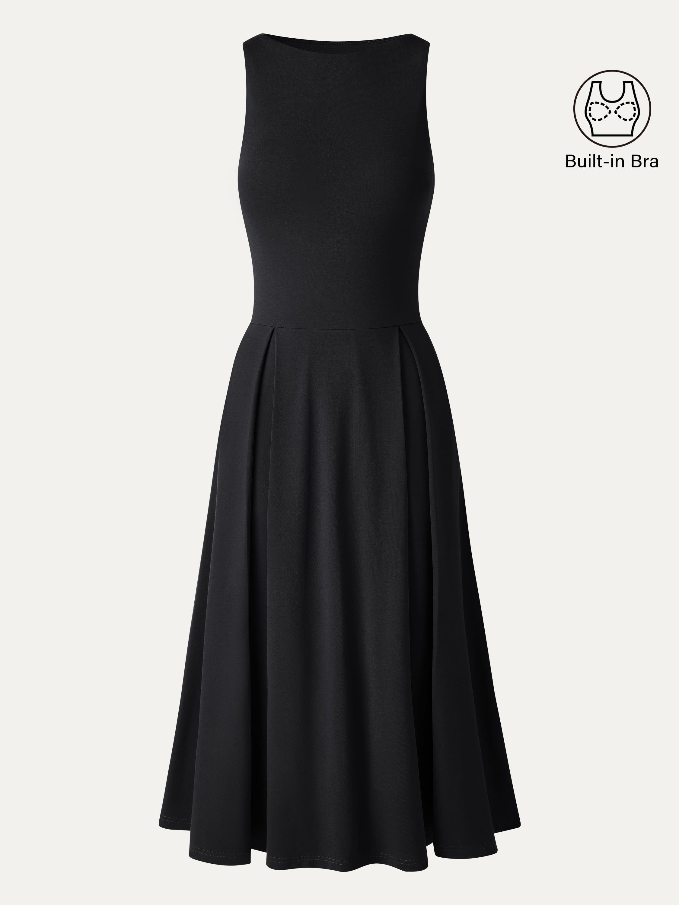 Boatneck Pleated Fit-and-Flare Midi Bra Dress with Pockets