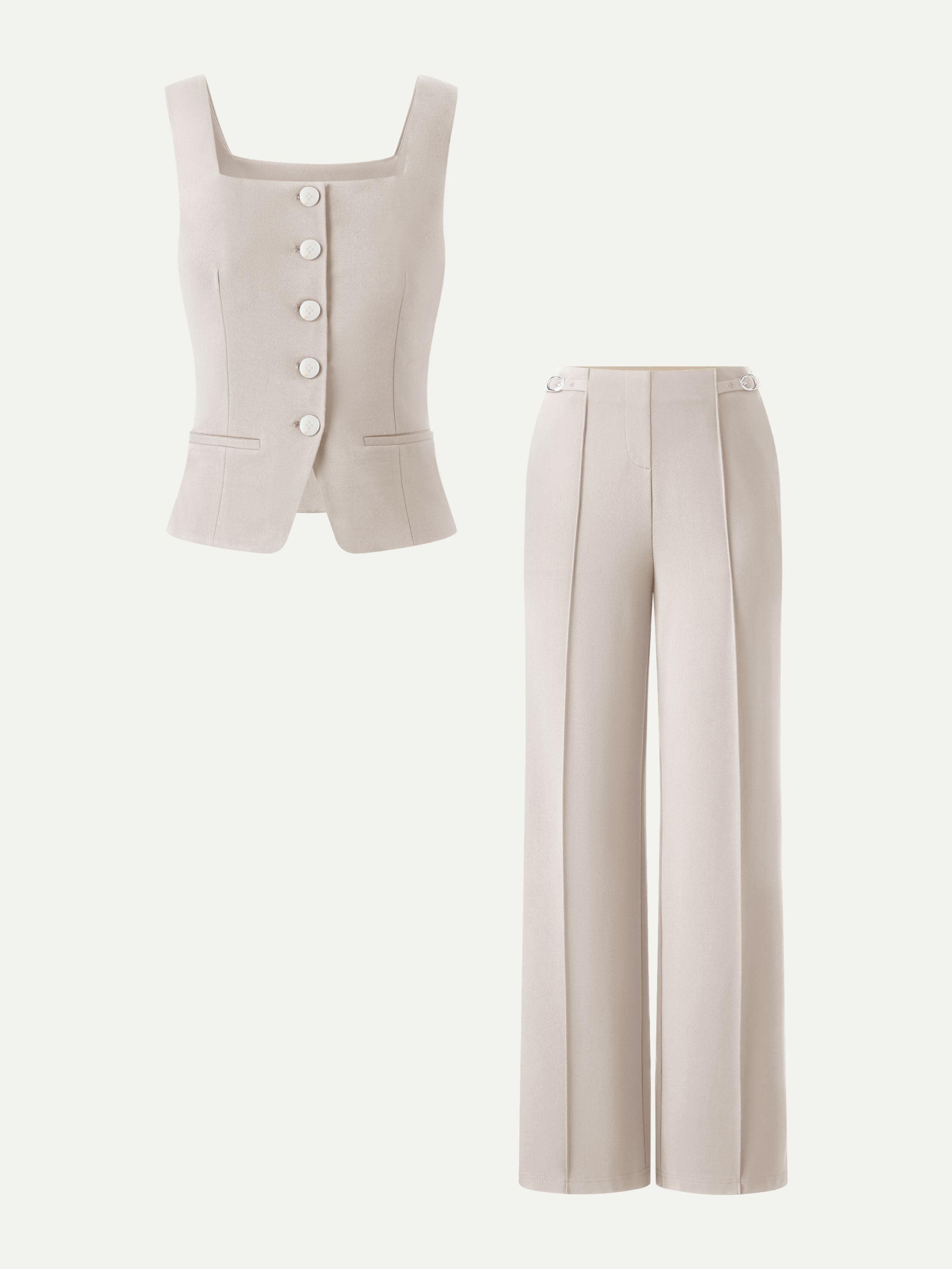 2Pcs Set Square Neck Waistcoat with Pockets & Wide Leg Ankled Pant