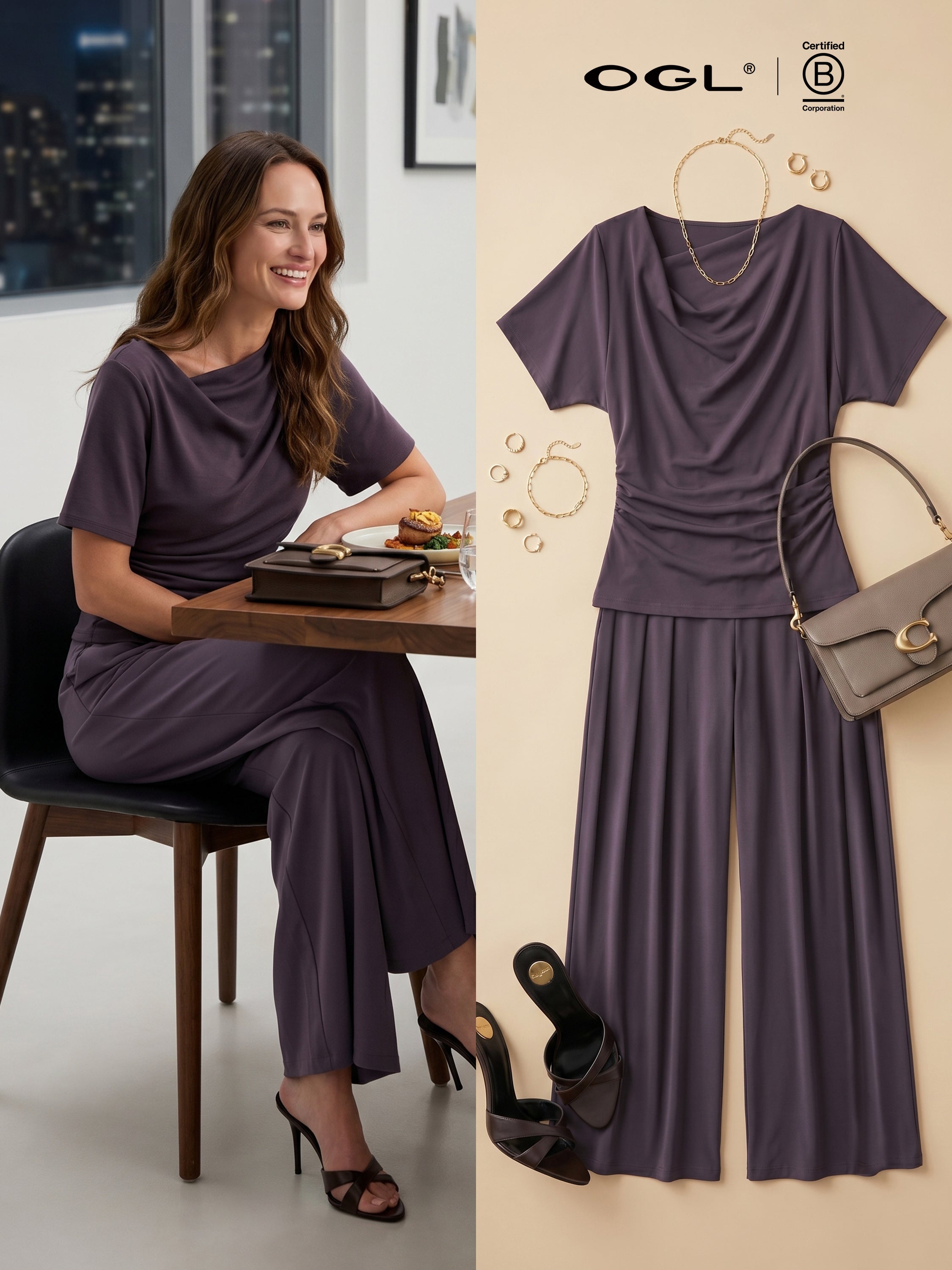2Pcs Set Cowl Neck Ruched Top & Wide Leg Palazzo Pant with Pockets