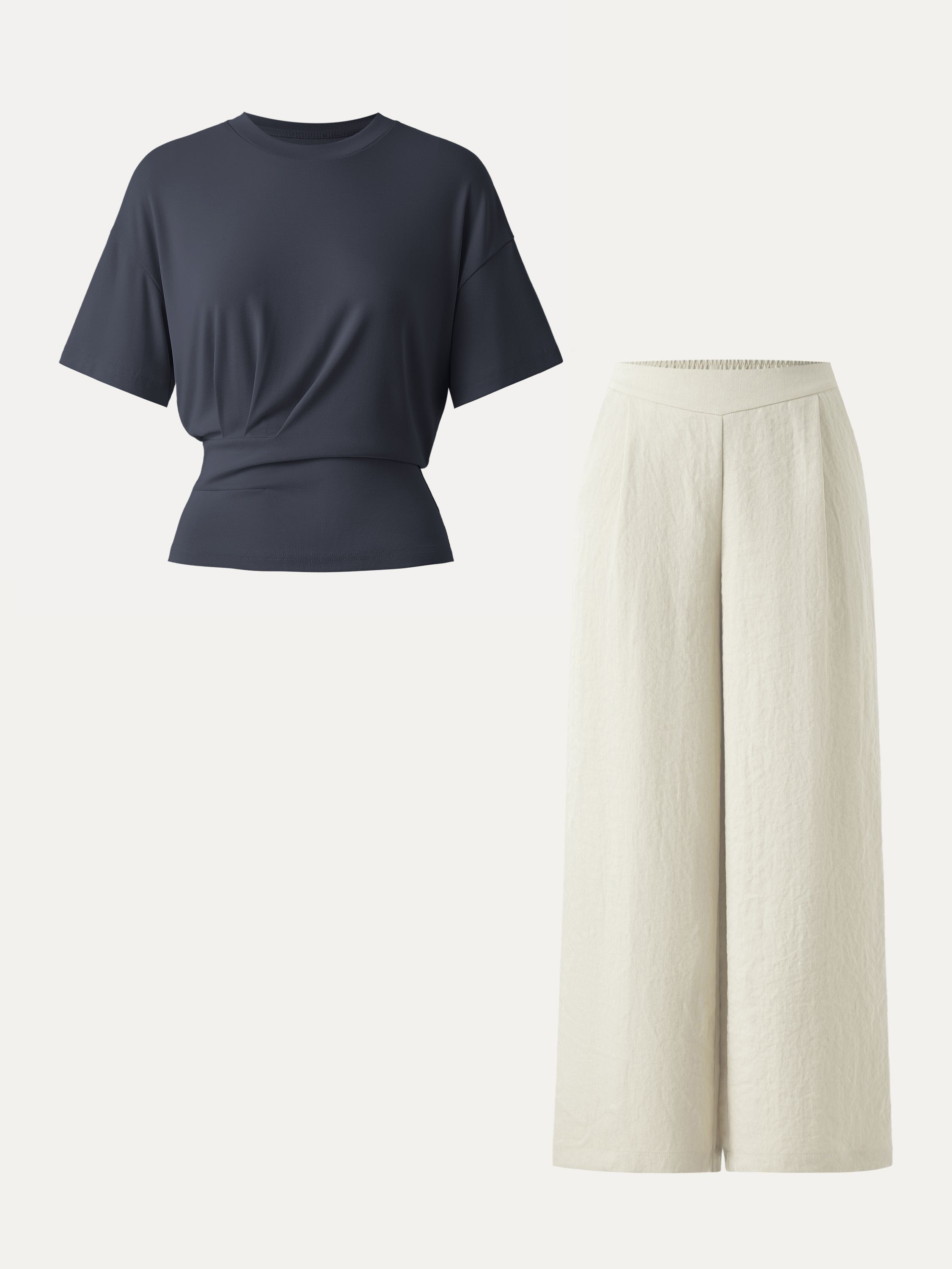 2Pcs Set Crewneck Tee & Mid Rise Wide Leg Pant with Pockets