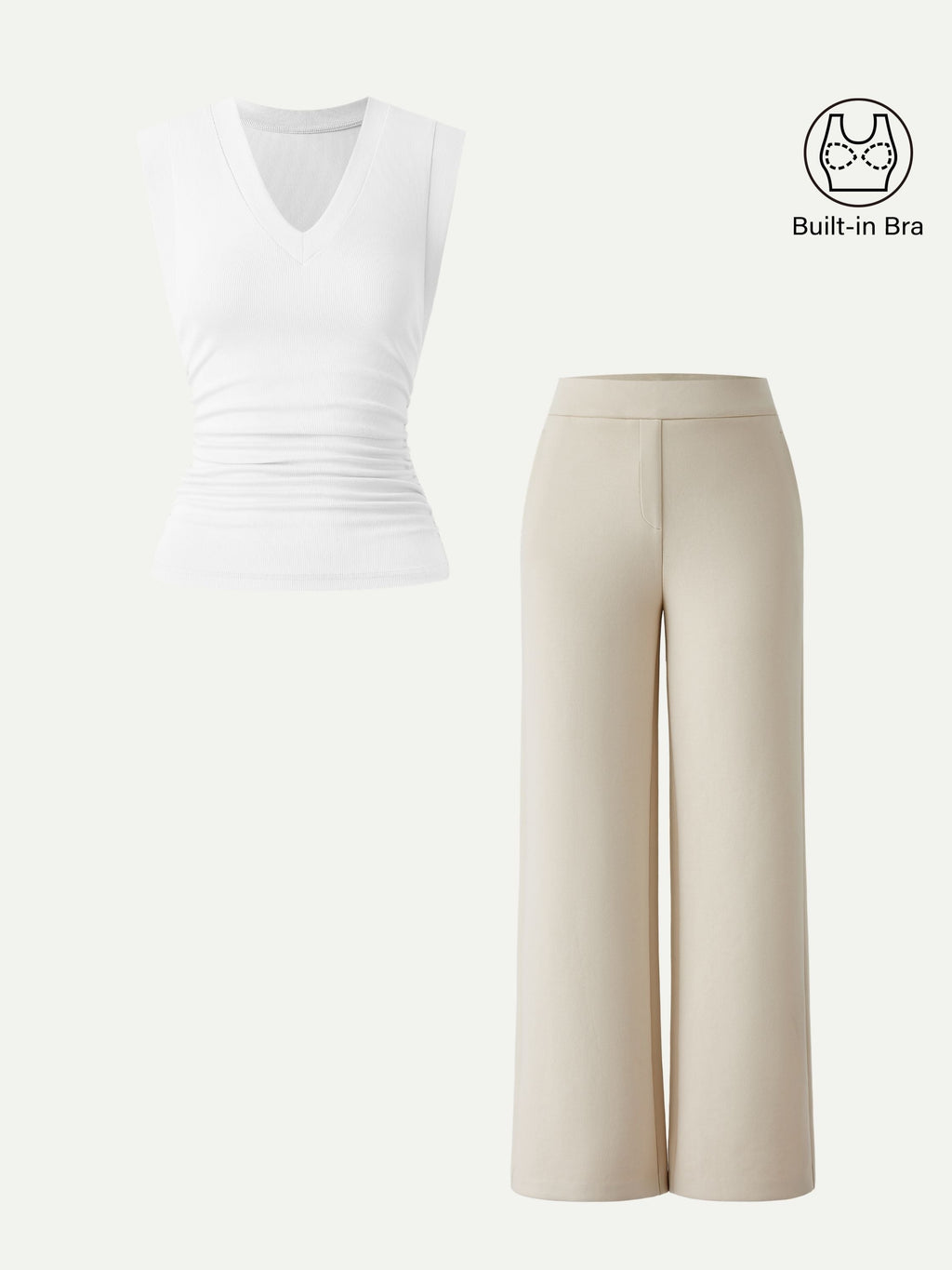 2Pcs Set V-neck Bra Top & Mid Rise Straight Pant with Pockets