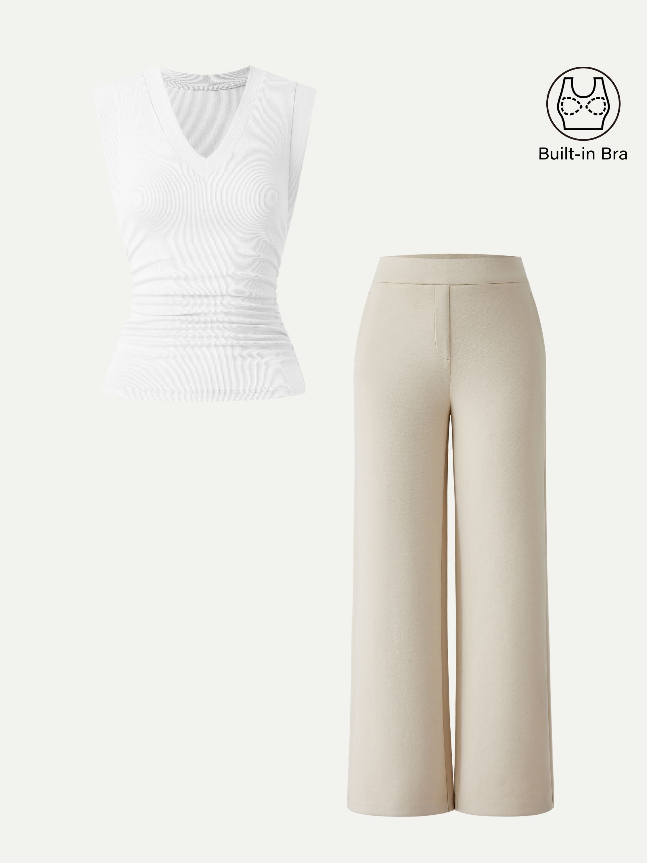 2Pcs Set V-neck Bra Top & Mid Rise Straight Pant with Pockets