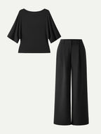 2Pcs Set Boatneck Relaxed Top & Wide Leg Pant with Pockets