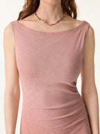 Elegant Boatneck Tucked Fit-and-Flare Midi Bra Dress