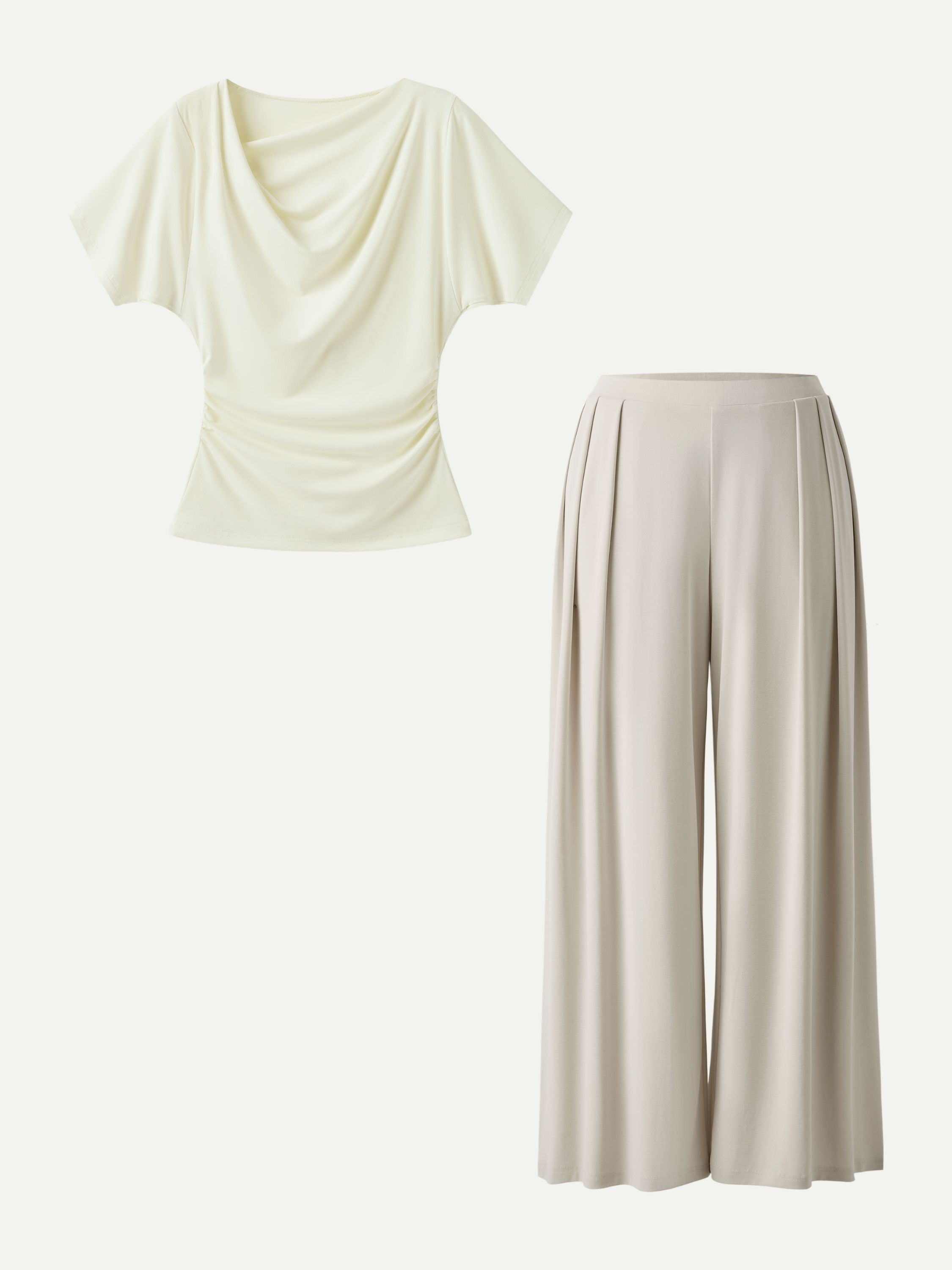 2Pcs Set Cowl Neck Ruched Top & Wide Leg Palazzo Pant with Pockets
