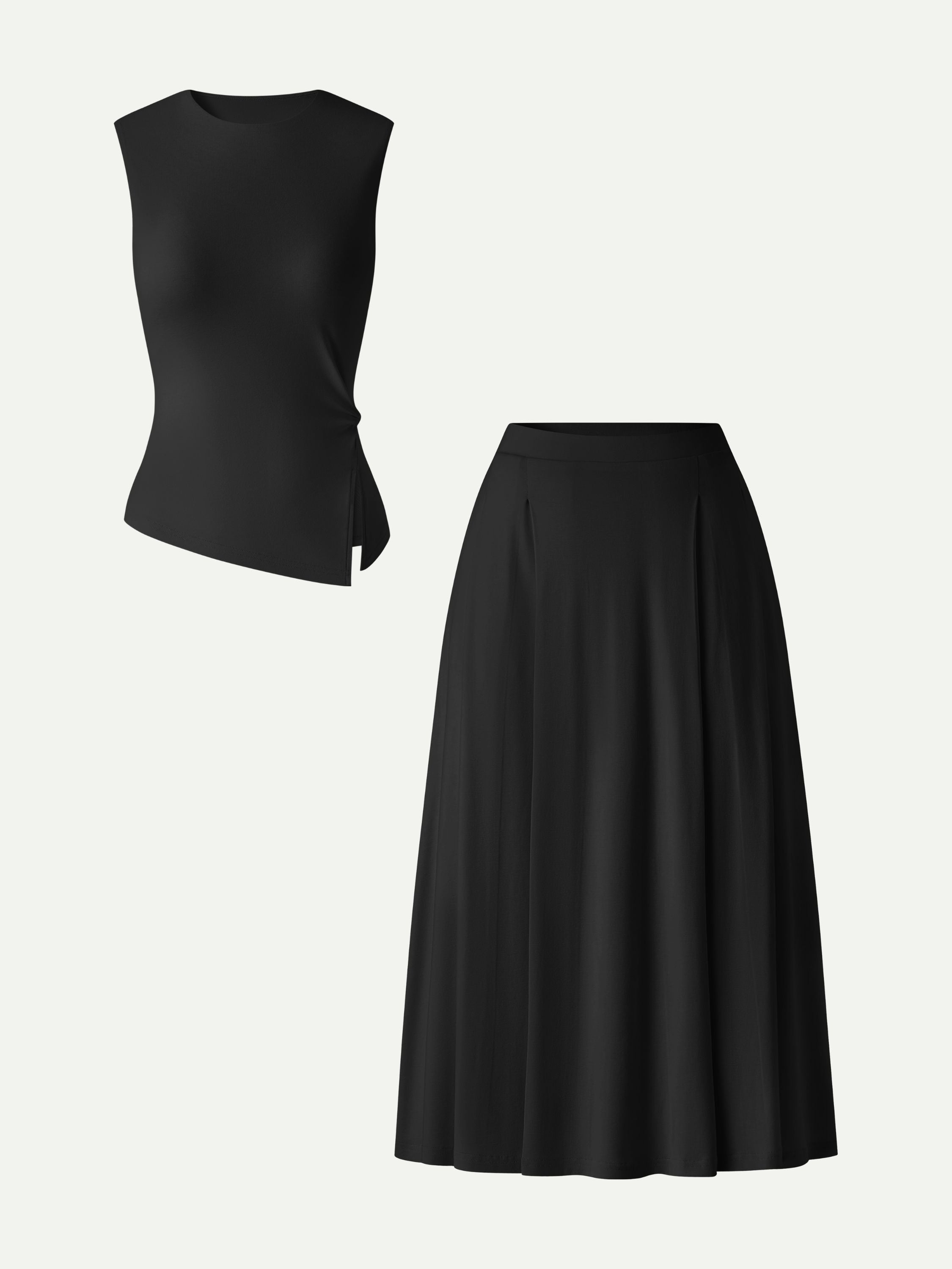 2Pcs Set Round Neck Twisted Bra Tank with Slit& Midi Skirt with Pockets