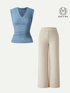 2Pcs Set V-neck Bra Top & Mid Rise Straight Pant with Pockets