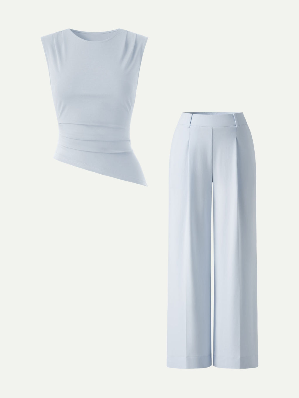 2Pcs Set Tucked Asymmetrical Hem Top & High Rise Wide Leg Pant