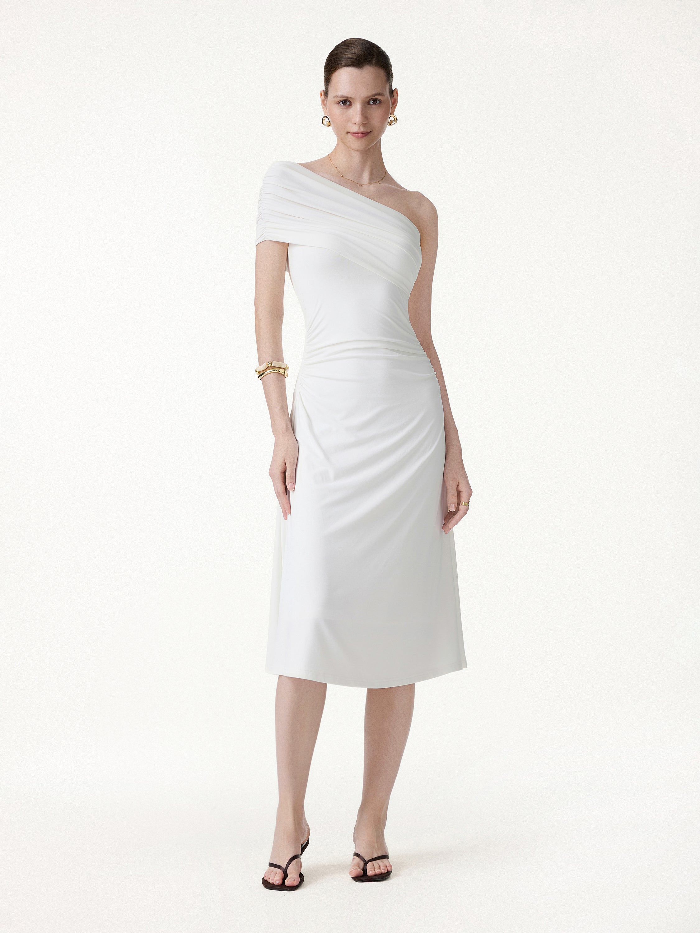 Not-See-Thru One Shoulder Gathered Midi Bra Dress