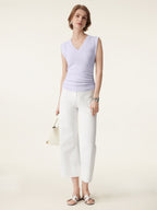 2Pcs Set V-neck Bra Top & Mid Rise Straight Pant with Pockets