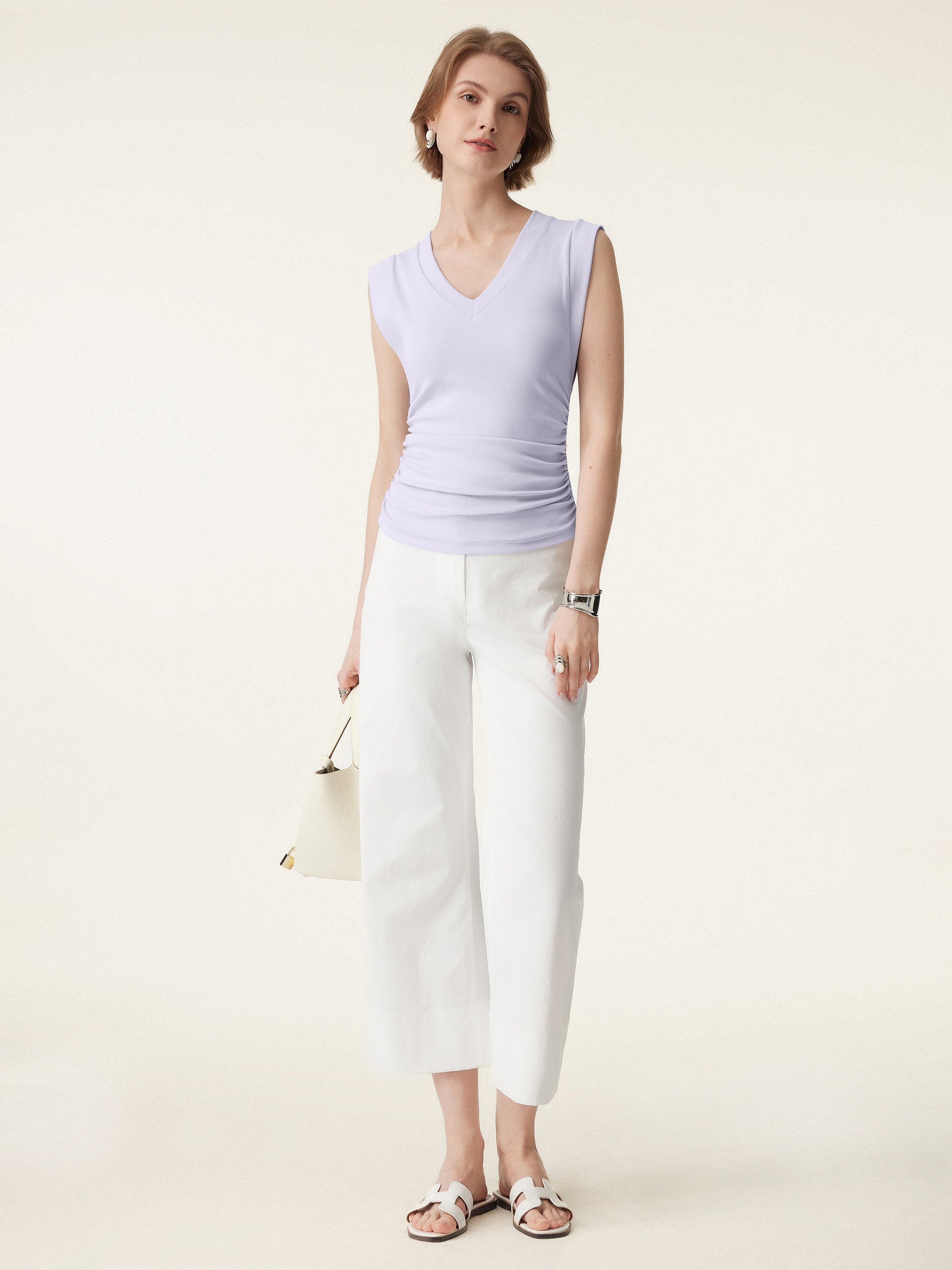 2Pcs Set V-neck Bra Top & Mid Rise Straight Pant with Pockets