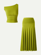 2Pcs Set Cropped Ruched Bra Top& A-line Ruched Maxi Skirt