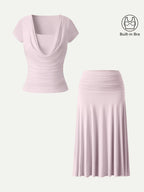 2Pcs Set Cowl Neck Ruched Bra Top & Side Ruched A-line Midi Skirt