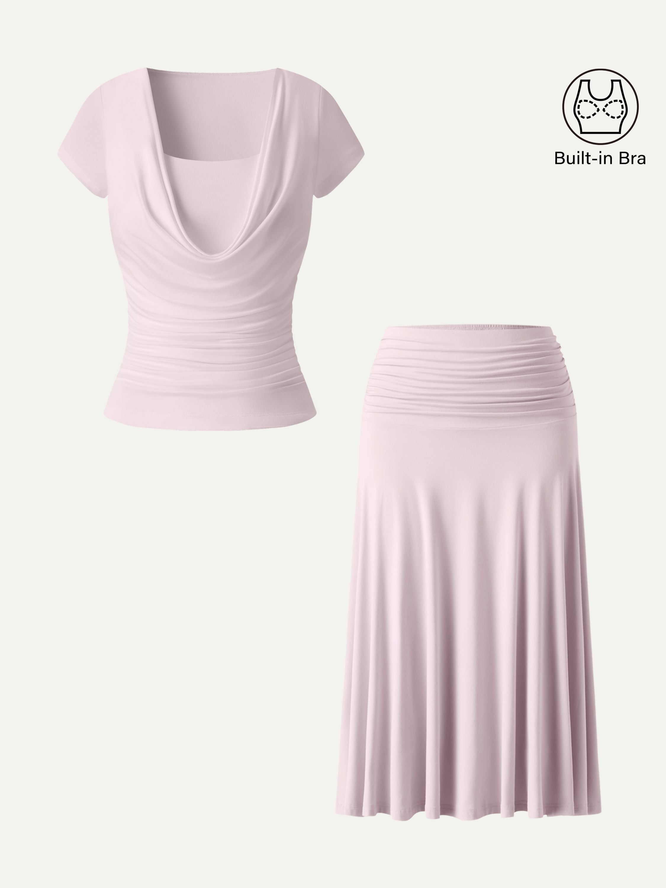 2Pcs Set Cowl Neck Ruched Bra Top & Side Ruched A-line Midi Skirt