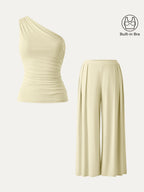 2Pcs Set Petite Wide Leg Palazzo Pant with Pockets & Ruched Bra Tank