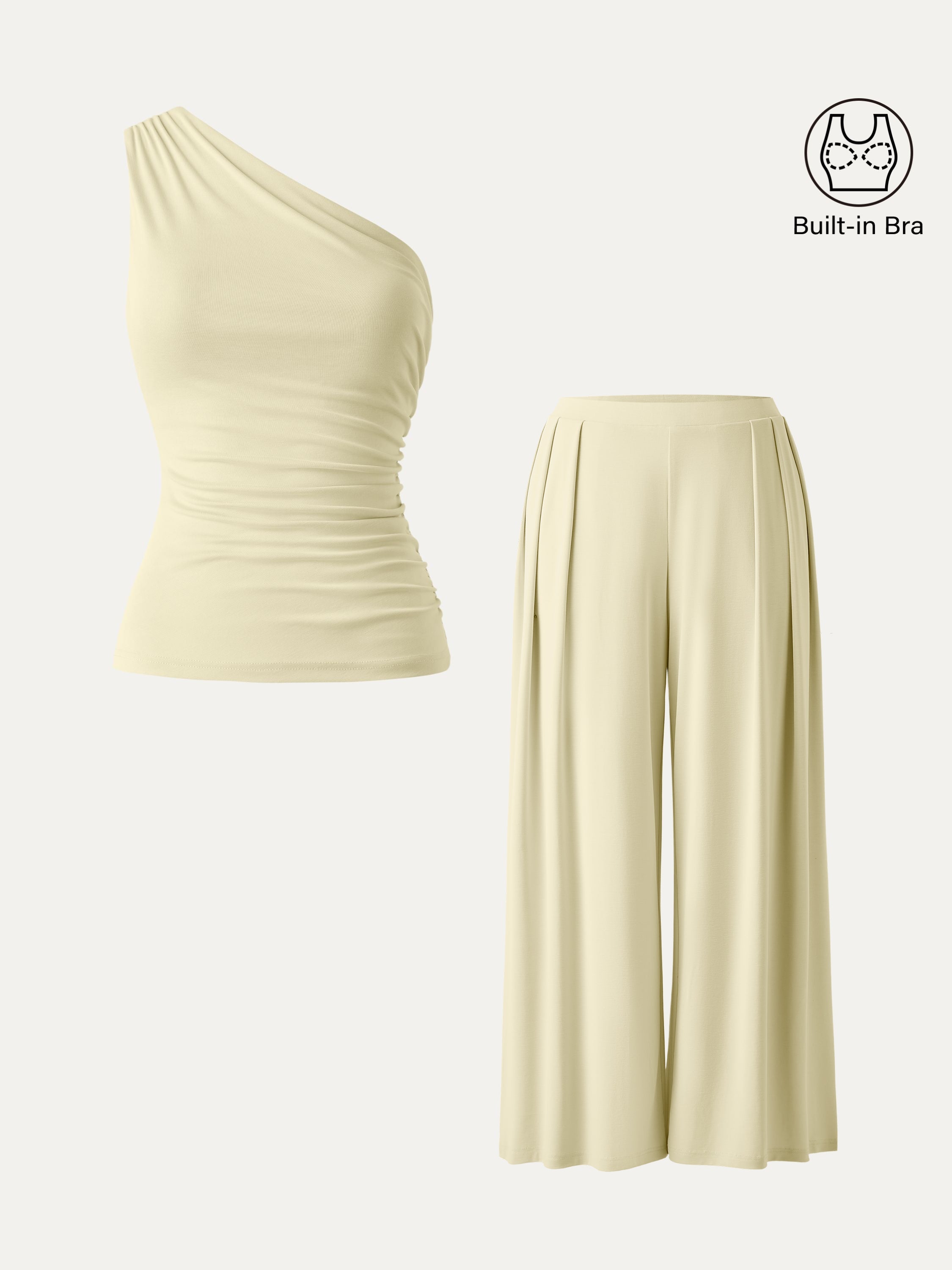 2Pcs Set Petite Wide Leg Palazzo Pant with Pockets & Ruched Bra Tank