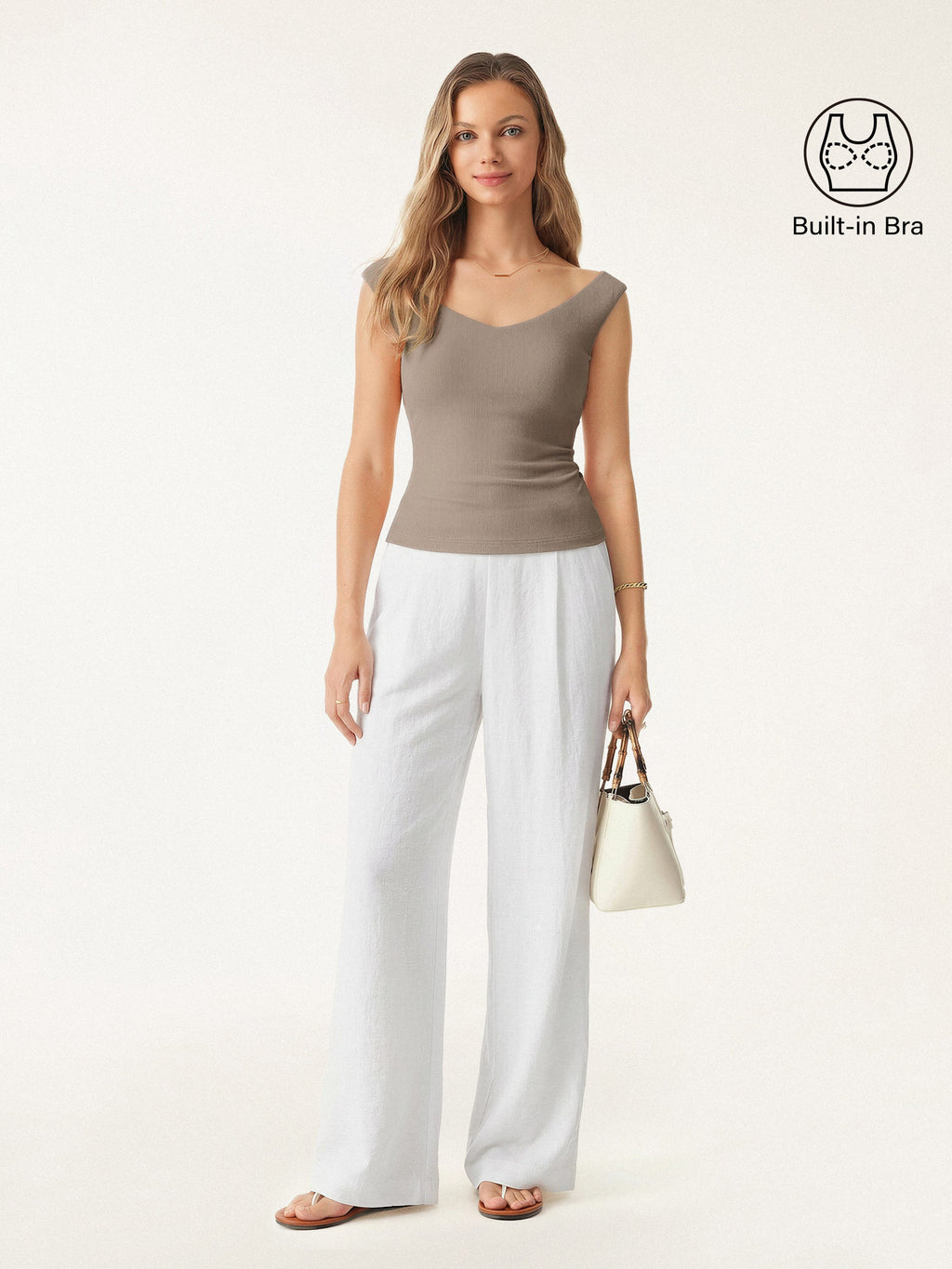 2Pcs Set V-neck Bra Top & Mid Rise Wide Leg Pant with Pockets