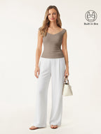 2Pcs Set V-neck Bra Top & Mid Rise Wide Leg Pant with Pockets
