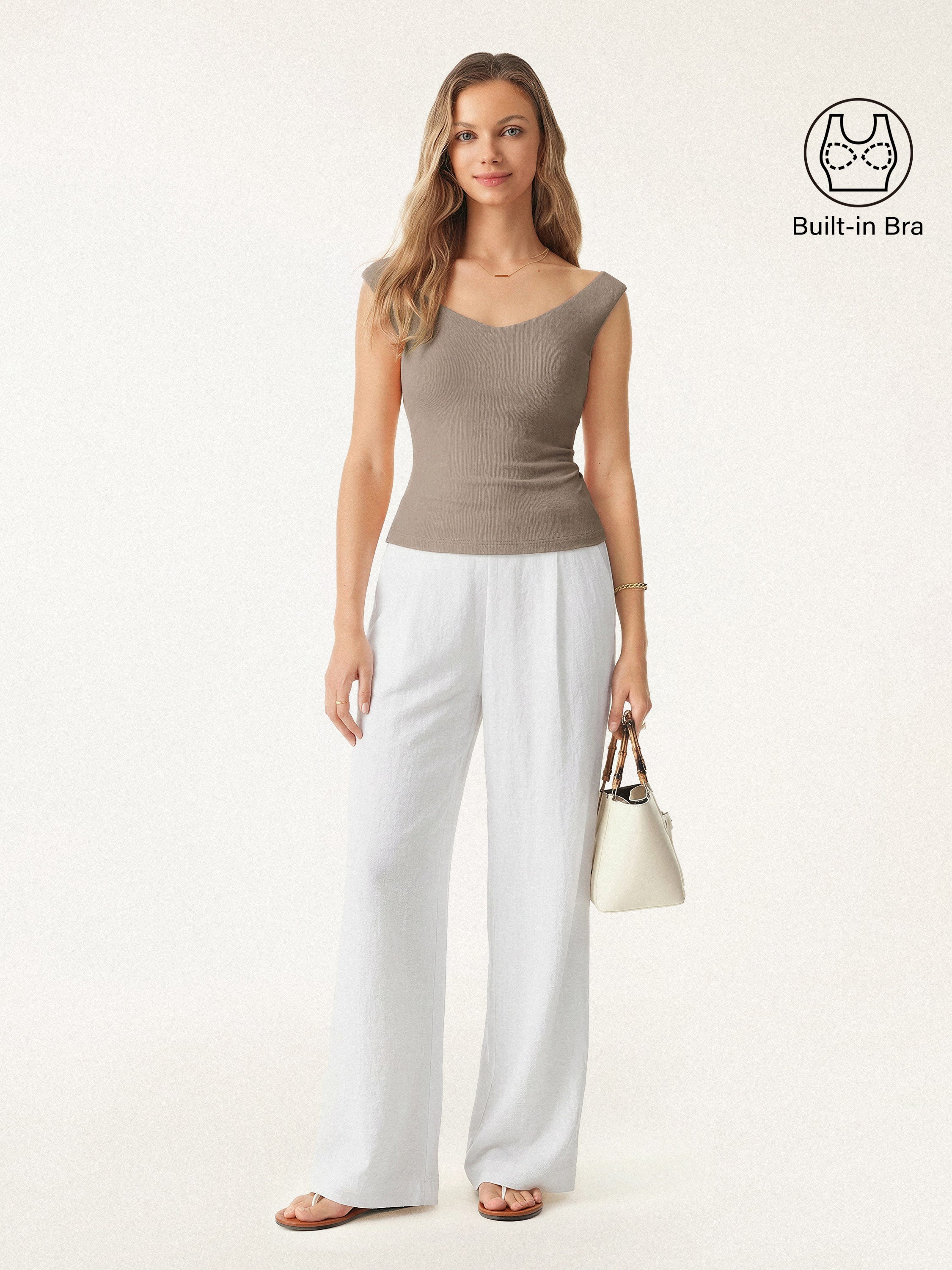 2Pcs Set V-neck Bra Top & Mid Rise Wide Leg Pant with Pockets