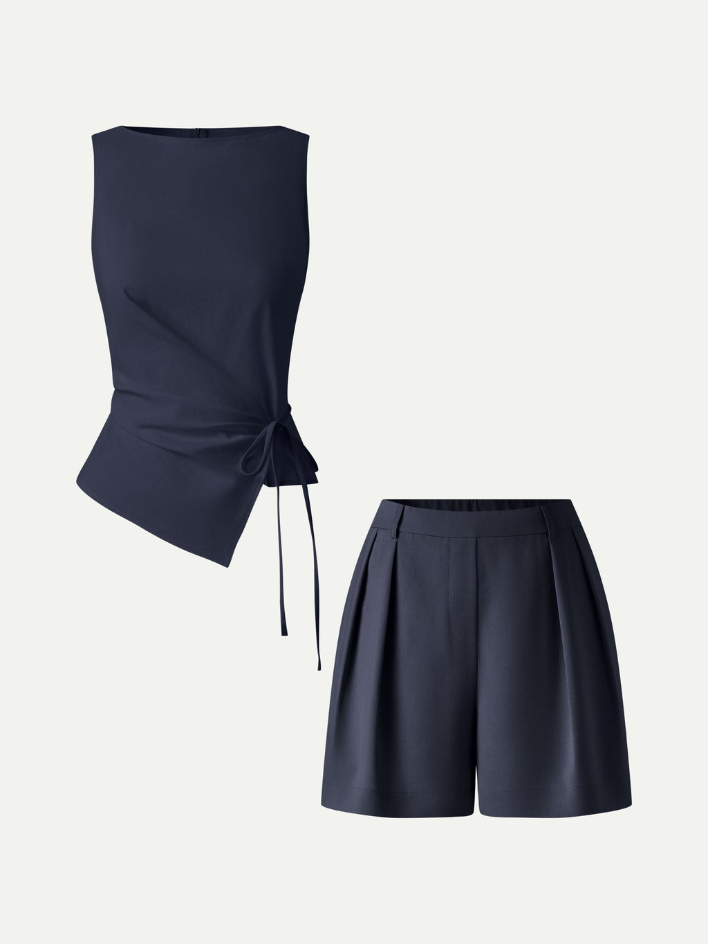2Pcs Set Boatneck Waist-Defined Top & Tailored Shorts with Pockets