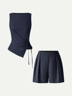 2Pcs Set Boatneck Waist-Defined Top & Tailored Shorts with Pockets