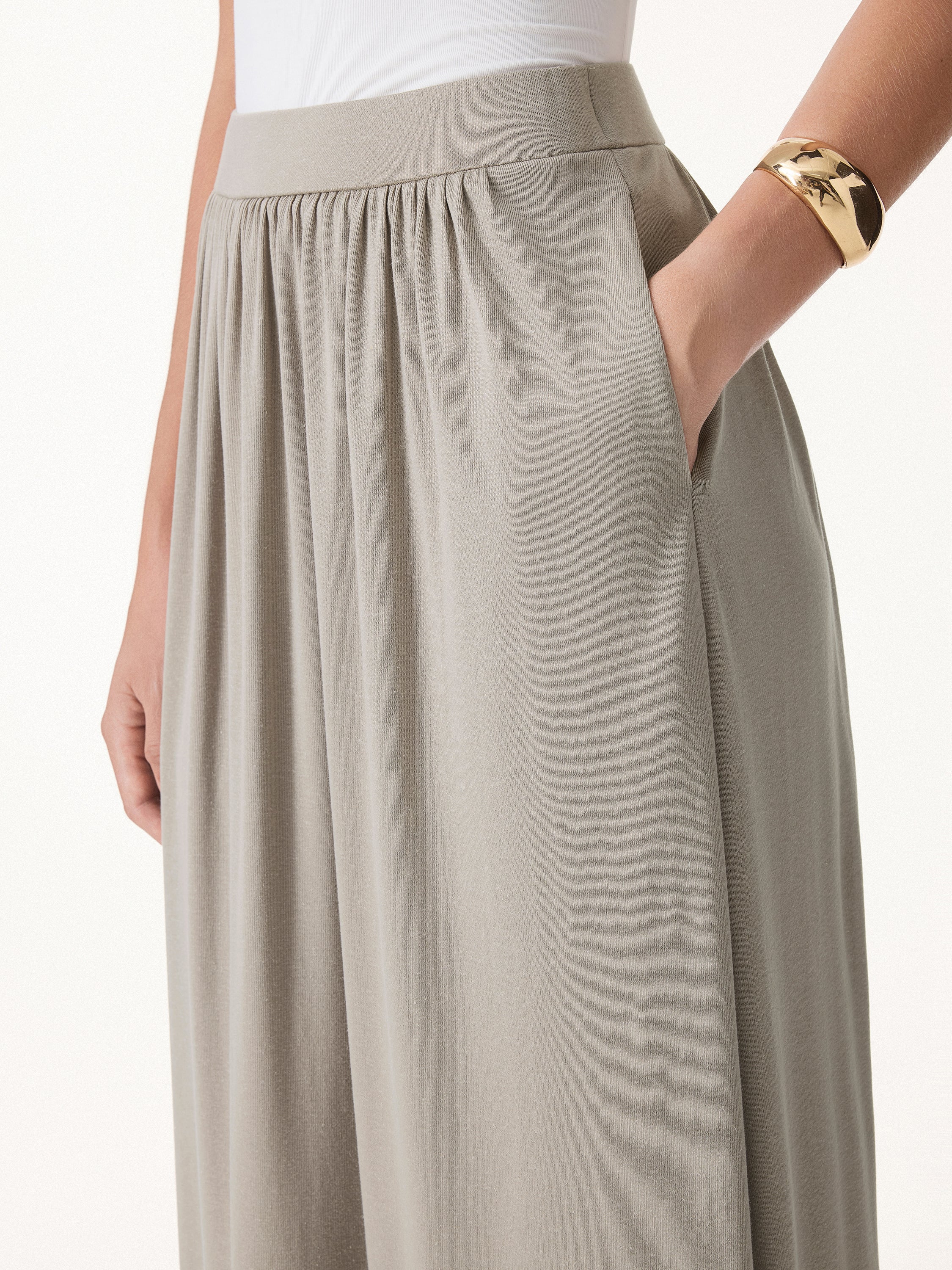 2Pcs Set Round Neck Top & A-Line Maxi Skirt with Pockets