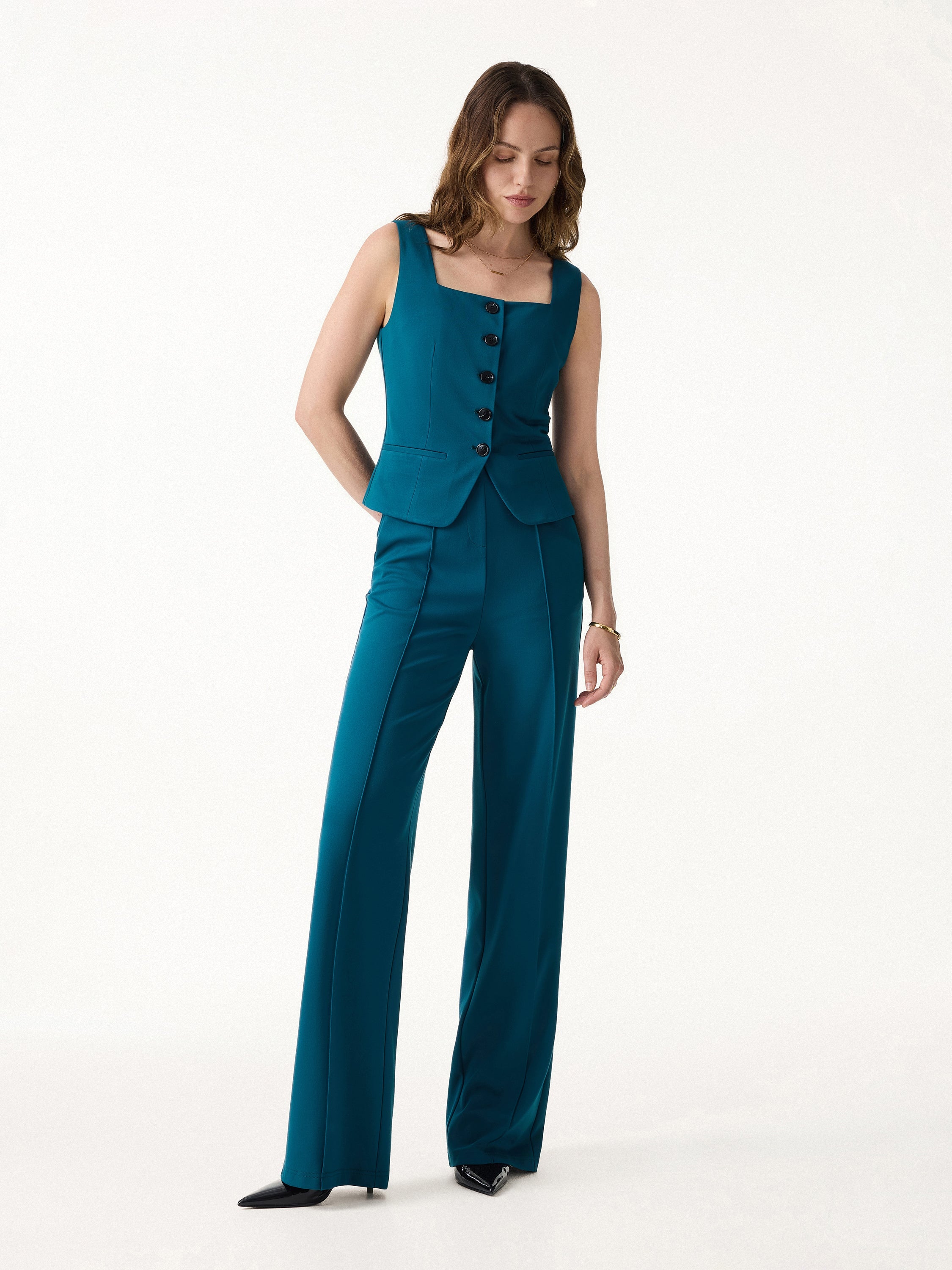 2Pcs Set Square Neck Waistcoat with Pockets & Wide Leg Ankled Pant