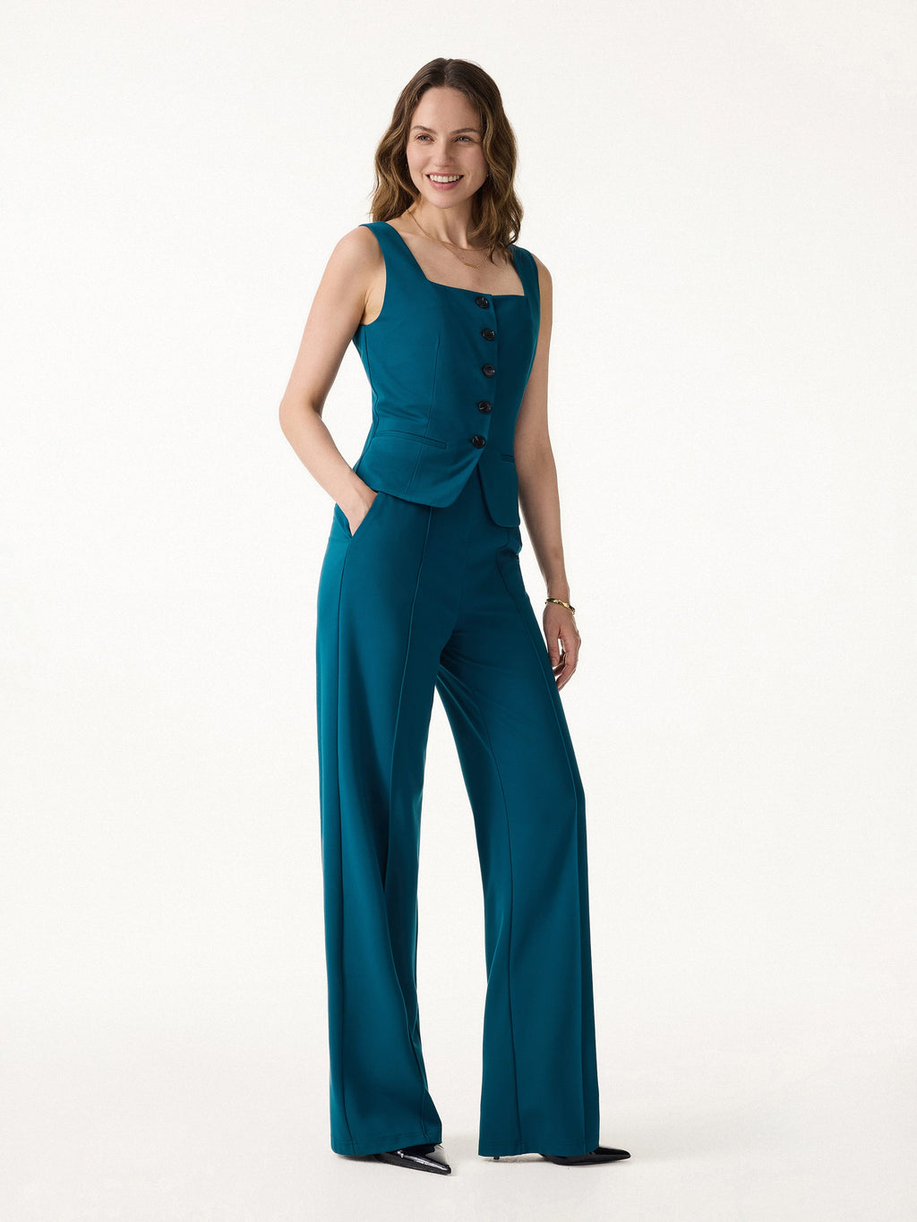 2Pcs Set Square Neck Waistcoat with Pockets & Wide Leg Ankled Pant