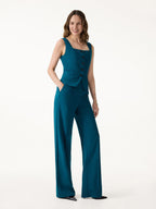 2Pcs Set Square Neck Waistcoat with Pockets & Wide Leg Ankled Pant