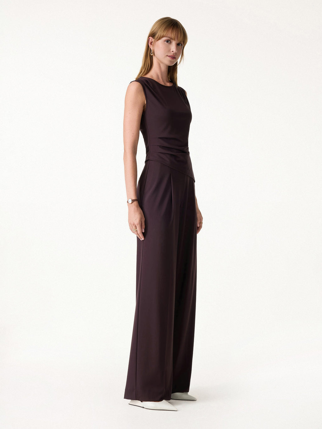 2Pcs Set Tucked Asymmetrical Hem Top & High Rise Wide Leg Pant