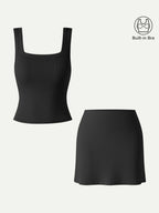 2Pcs Set Square Open-Back Bra Tank & A-line Mini Skirt with Built-in Shorts