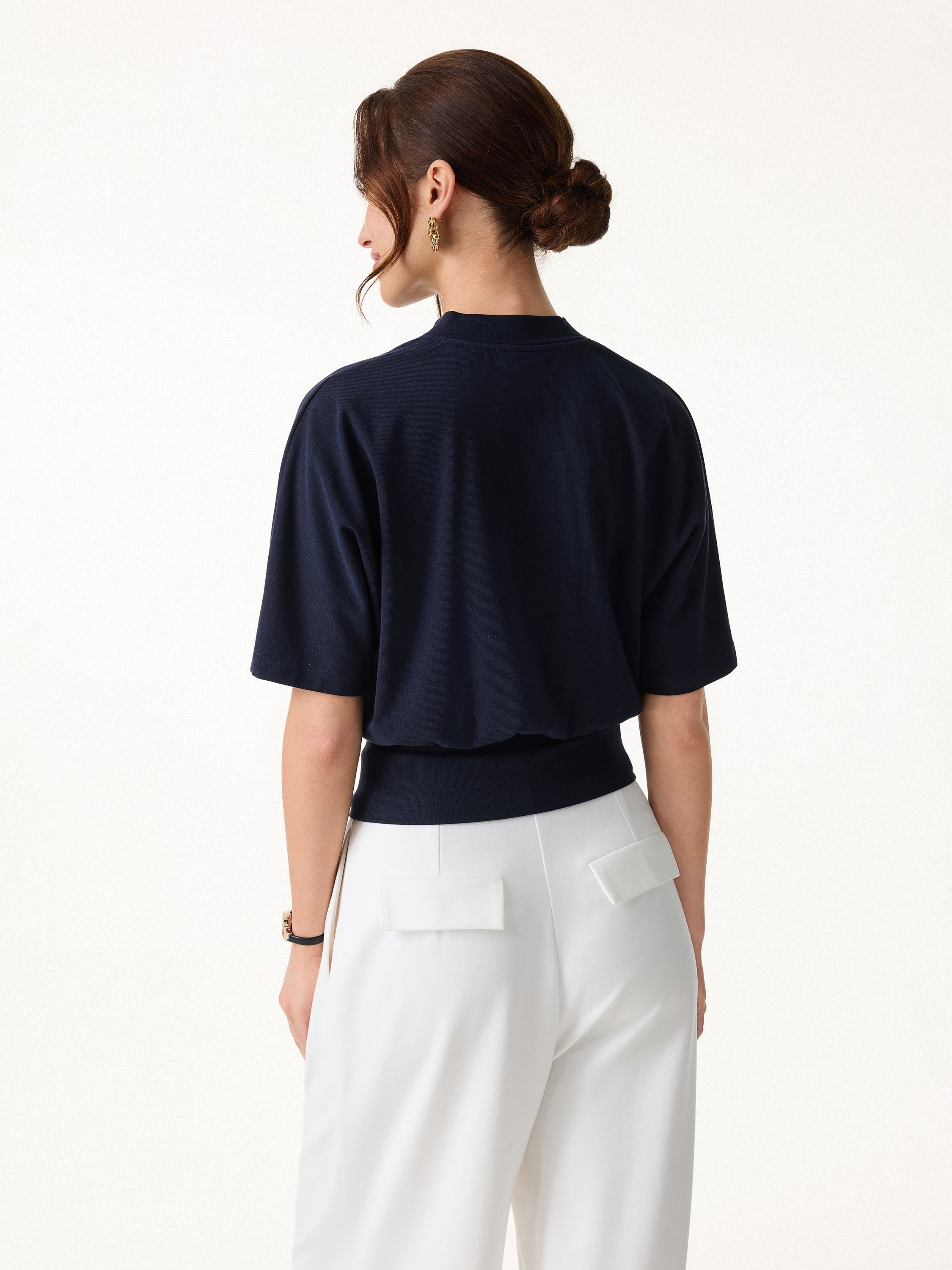 2Pcs Set Stand Collar V-Neck Top & Wrinkle-Resistant Tapered Pant