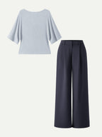 2Pcs Set Boatneck Relaxed Top & Wide Leg Pant with Pockets