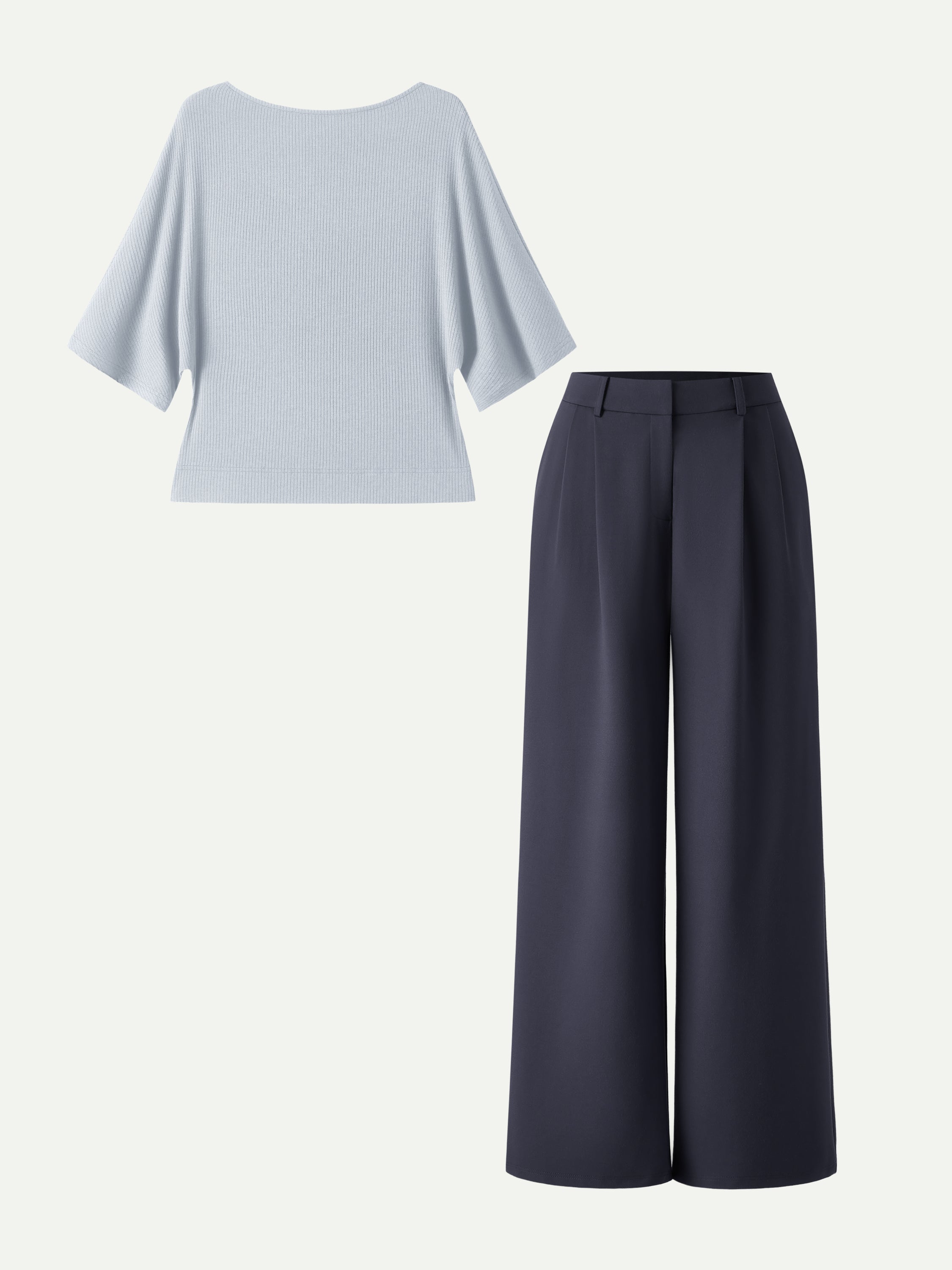 2Pcs Set Boatneck Relaxed Top & Wide Leg Pant with Pockets