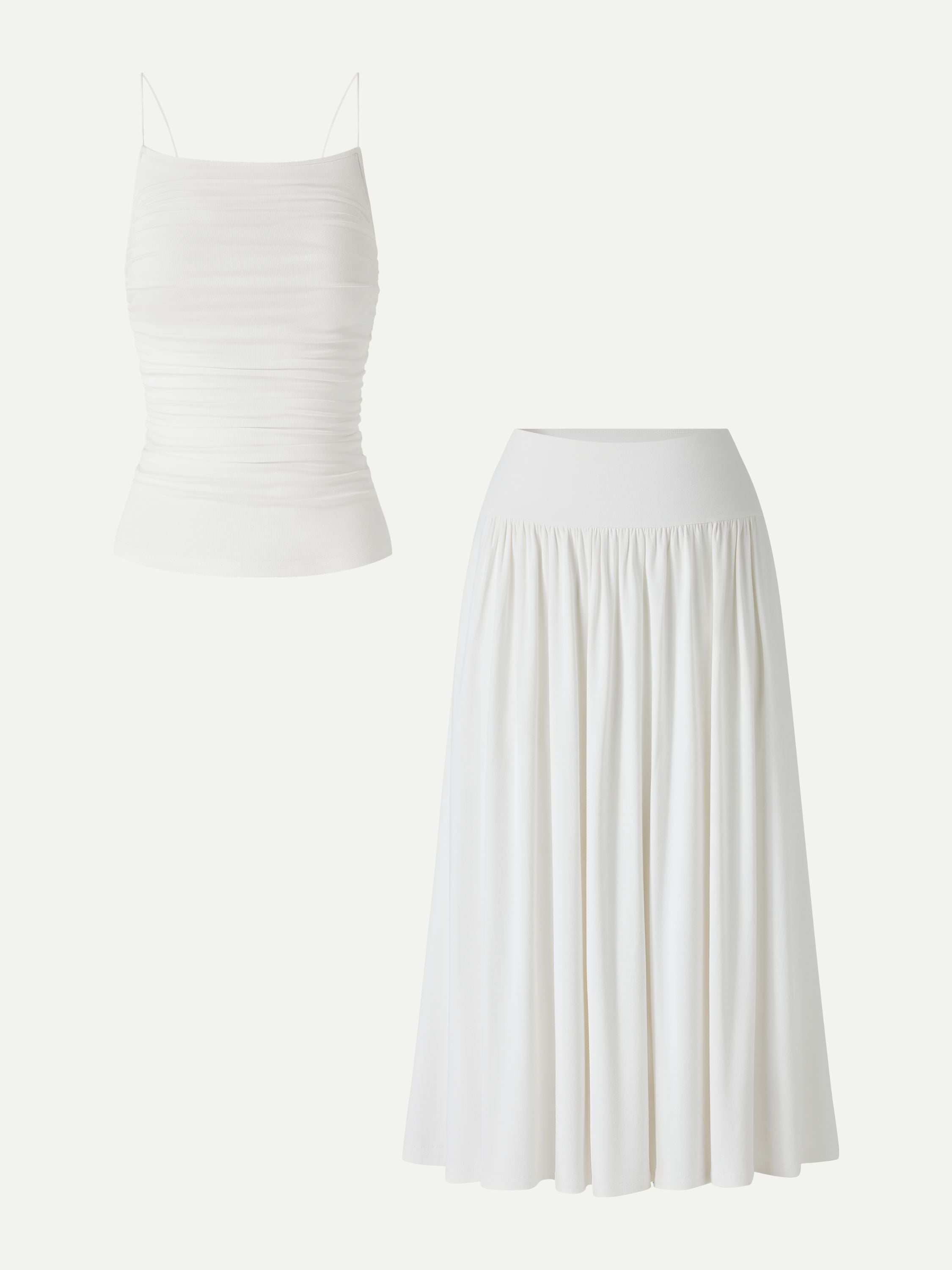 2Pcs Set Spaghetti Bra Top & Mid Rise Gathered Midi Skirt with Pockets