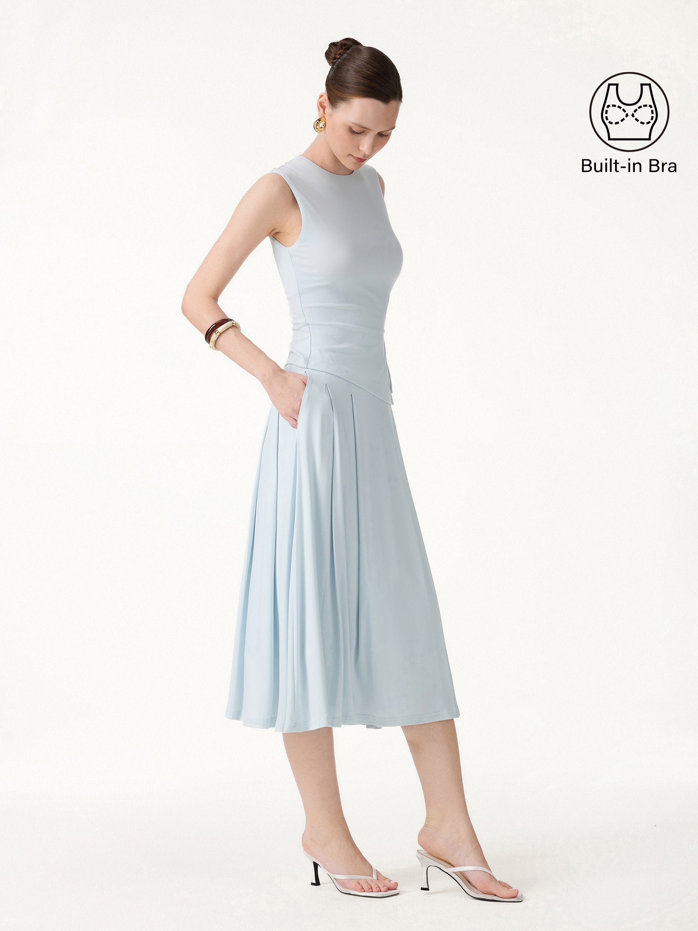 2Pcs Set Round Neck Twisted Bra Tank with Slit& Midi Skirt with Pockets