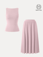 2Pcs Set Stretch Cotton Boatneck Bra Tank & Maxi Umbrella Skirt with Pockets