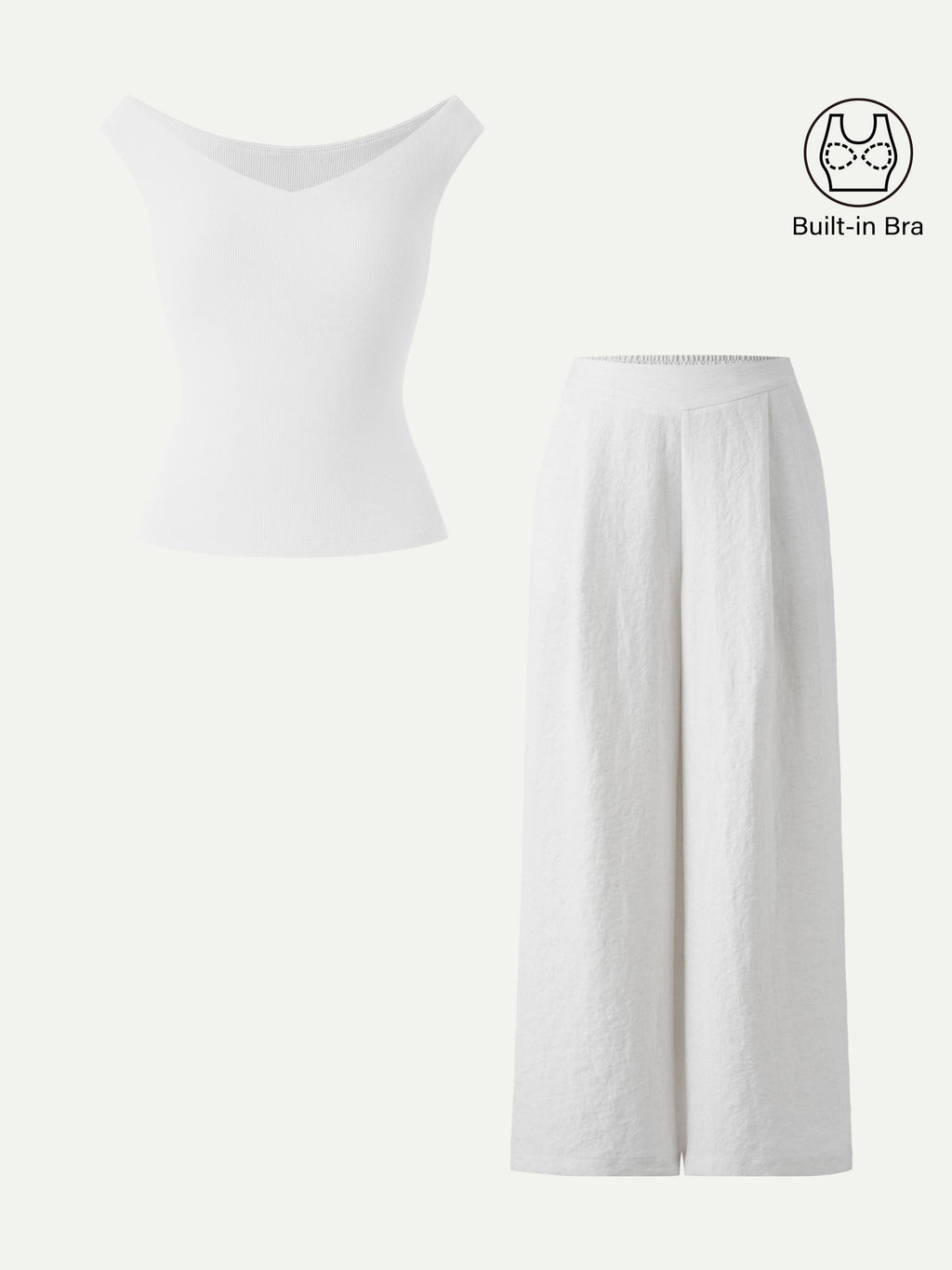 2Pcs Set V-neck Bra Top & Mid Rise Wide Leg Pant with Pockets