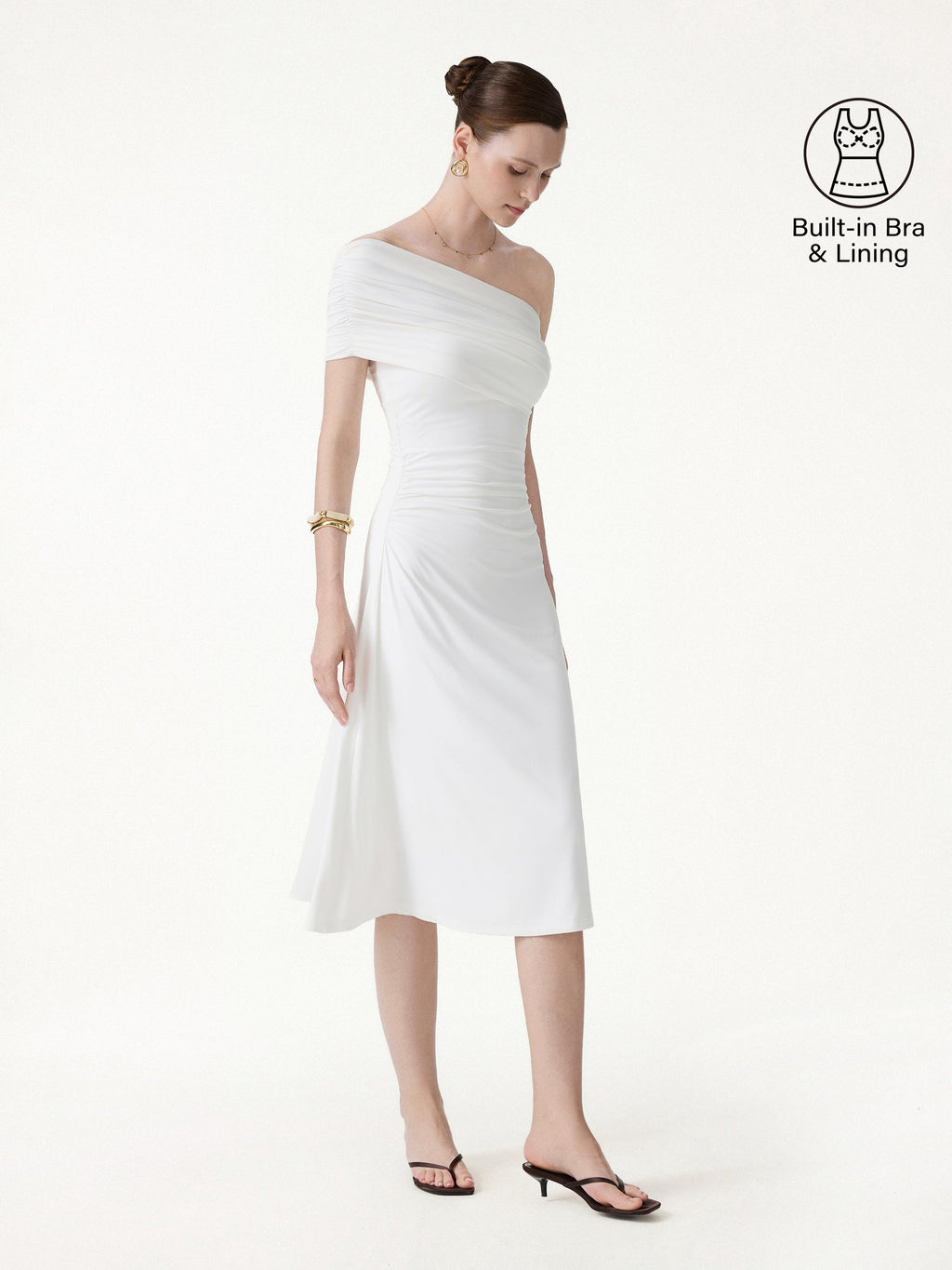 Not-See-Thru One Shoulder Gathered Midi Bra Dress