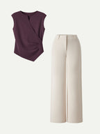 2Pcs Set Tucked Angled Tank & Mid Rise Wide Leg Trousers