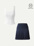 2Pcs Set Square Open-Back Bra Tank & Mini Circle Skirt with Lined Shorts