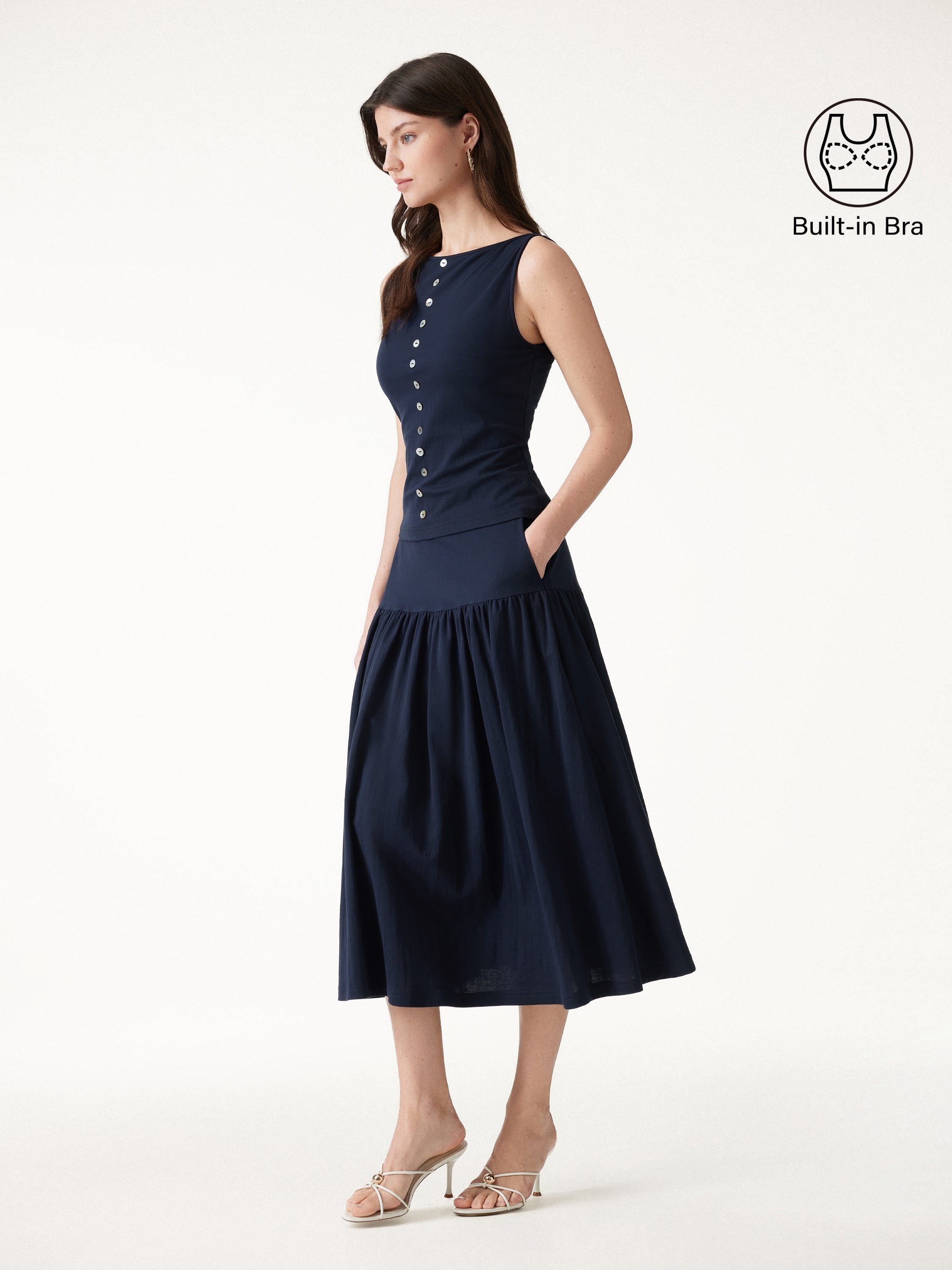 2Pcs Set Cropped Bra Top & Midi Skirt with Pockets