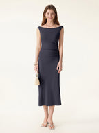 Elegant Boatneck Tucked Fit-and-Flare Midi Bra Dress