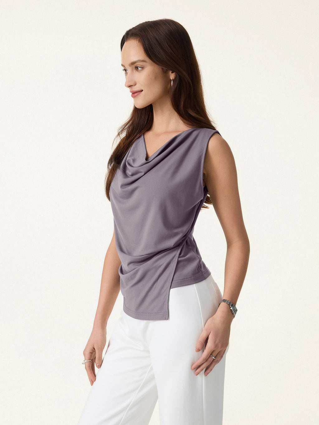 2Pcs Set Cowl Asymmetrical Tucked Top & Wide Leg Pant with Pockets