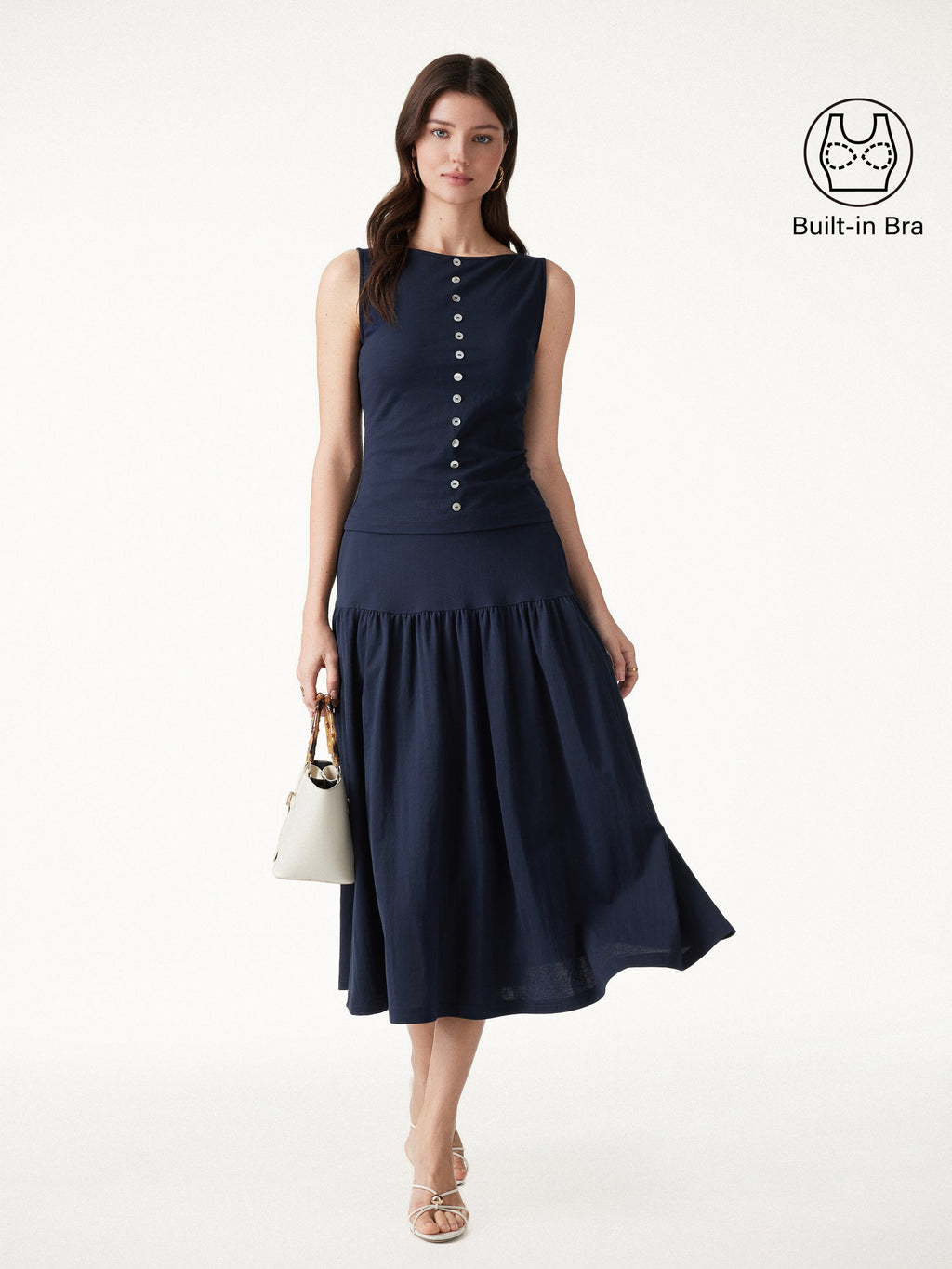 2Pcs Set Cropped Bra Top & Midi Skirt with Pockets